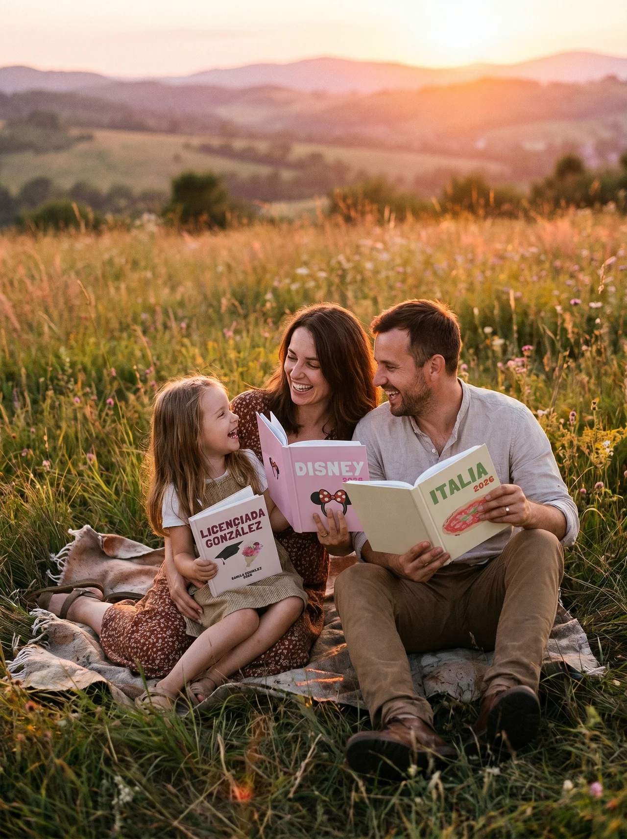 Familia con fotolibros Abbonda al atardecer